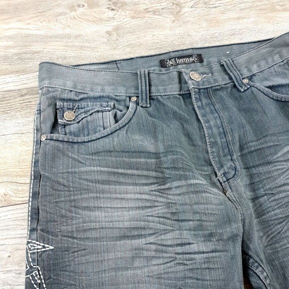 Chams Denim Jeans Men Women 36x28 Gray Distress Embriodered Casual Relaxed Wide - Picture 5 of 12